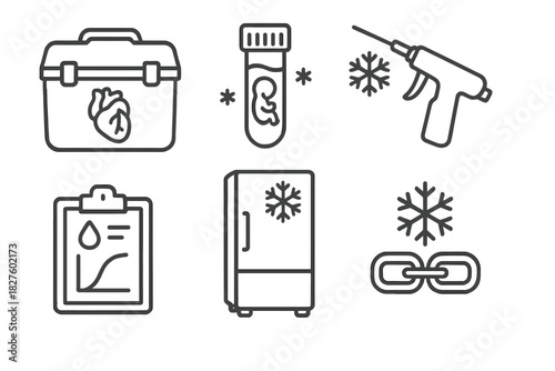Medical Application Icons. Line style icons of Applications in Medicine: organ storage chest, frozen embryo vial, cryosurgery tool