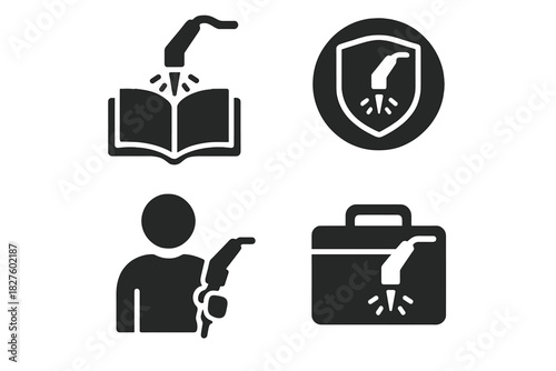 Educational Plasma Tool Icons. Solid style icons of educational use of plasma tools: plasma arc with textbook, training badge,