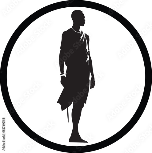 Maasai warrior silhouette in a circle. The figure stands with a traditional garb and is looking to the right.