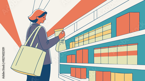 Woman shopping for groceries at supermarket buying flour in the food aisle with tote bag at store shelf