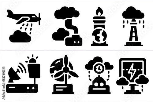 Terraforming Climate Icons. Solid style icons of terraforming climate systems: weather seeders, cloud generation units, atmosphere