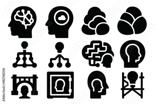 Neural Memory Icons. Solid style icons of memory architecture: neural archive maps, thought chamber icons, memory shell clusters.