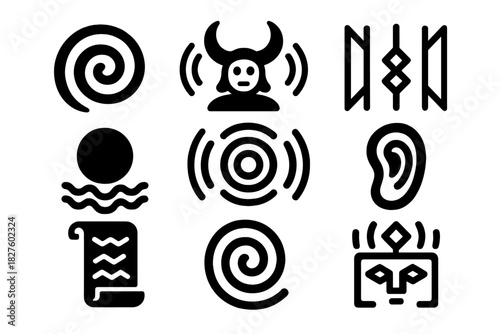 Ancient Sound Symbols. Solid style icons of ancient sound symbolism: spiral glyphs, sonic runes, resonance sigils. Sound-based