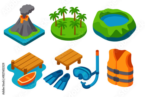 Vibrant Island Adventure. Isometric vector illustration set Mountain landscapes – volcanic island peak, palm grove ring, caldera