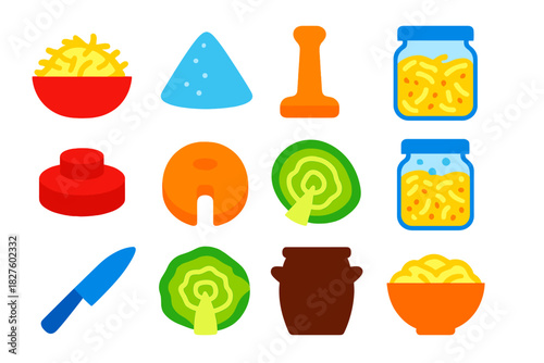 Sauerkraut Icons Collection. Flat vector icons of sauerkraut making: shredded cabbage, salt pile, wooden tamper, glass jar,