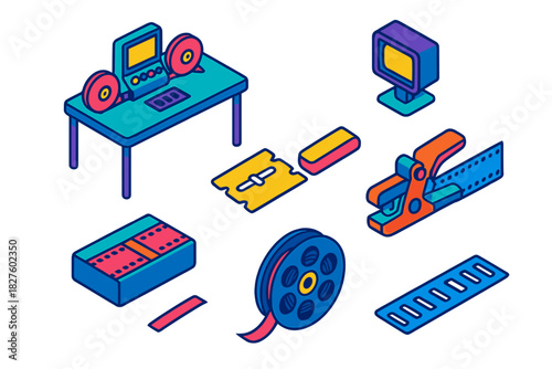 Analog Film Editing Tools. Isometric vector illustration set Film and photography – analogue editing table, splicing block, Razor