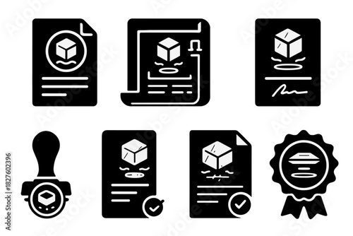 Anti-Gravity Icons. Solid style icons of anti-gravity patents and blueprints: filed document with levitation icon, blueprint with
