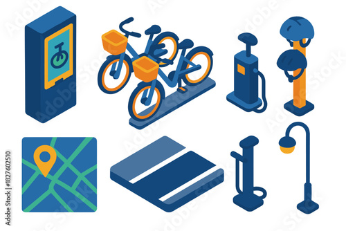 Vibrant Urban Bike Station. Isometric vector illustration set Urban nightlife – bike share station, docked bikes, kiosk screen;
