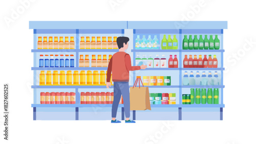 Man shopping for grocery products at supermarket aisle with drinks and food on shelves illustration
