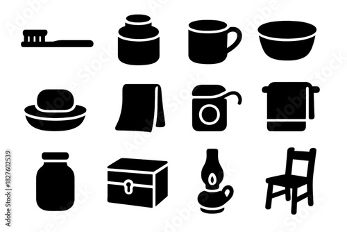 Early Dental Icons. Solid style icons of Early Dental Care: Toothbrush, Tooth Powder, Cup, Basin, Soap, Cloth, Floss, Towel, Jar,