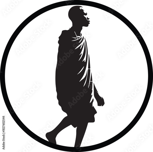 A striking silhouette of a Maasai warrior standing tall within a bold circle, capturing the essence of strength and cultural heritage.