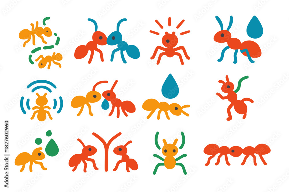 Obraz premium Ant Communication Icons. Flat vector icons of ant communication methods: pheromone trail, antennal touch, alarm signal, food
