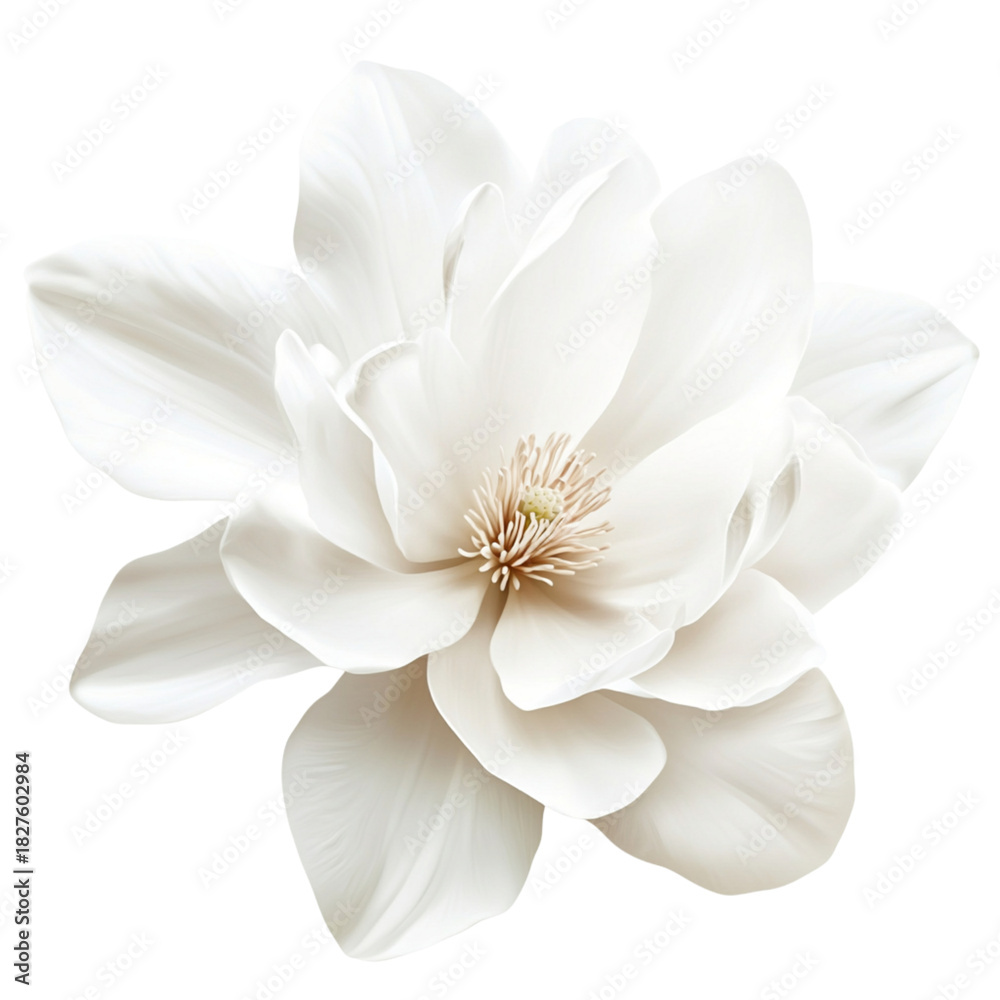 Fototapeta premium A delicate white magnolia flower with layered petals against a stark black background