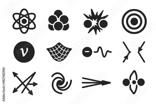 Solid Particle Icons. Solid style icons of particle physics: atom with orbit, proton-neutron cluster, particle collision burst,