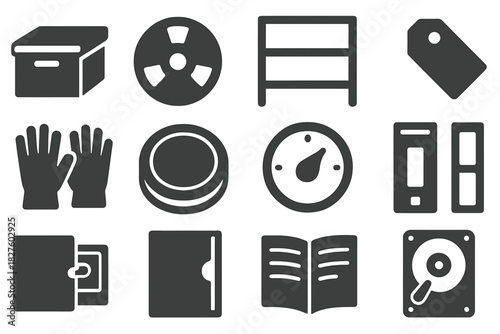 Sound Preservation Icons. Solid style icons of Sound Preservation: Archival Box, Tape Reel, Storage Shelf, Label Tag, Cotton