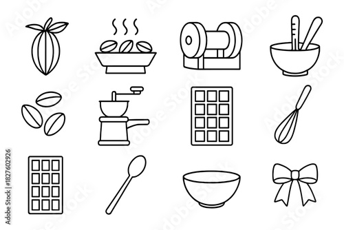 Sweet Crafting Icons. Line style icons of Sweet Crafting: Cacao Pod, Roasting, Conching Machine, Tempering; Cocoa Beans, Grinder,