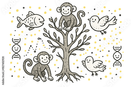 Evolutionary Tree Delight. Magical doodle evolutionary modeling with smiling monkeys, fish, and birds climbing a happy branching
