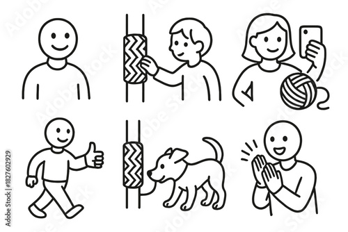 Community Knit Icons. Line style icons of community response to guerrilla knitting: smiley passerby, child touching knit, selfie
