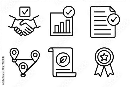 Supply Chain Icons. Line style icons of supply chain ESG controls: supplier screening icon, ethical sourcing chart, compliance