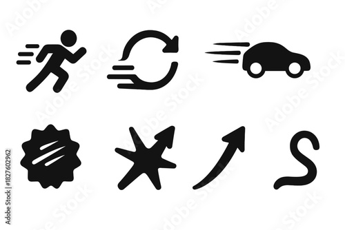 Dynamic Motion Icons. Solid style icons of motion trails and speed: blurred runner silhouette, acceleration dash loop, wind trail
