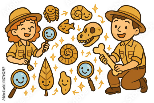 Cheerful Fossil Doodles. Cheerful doodle bias in the fossil record with happy paleontologists, cartoon fossils of different shapes