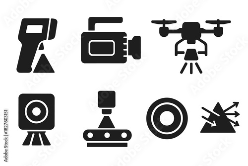 Hyperspectral Tool Icons. Solid style icons of hyperspectral scanning tools: handheld scanner, hyperspectral camera, conveyor belt