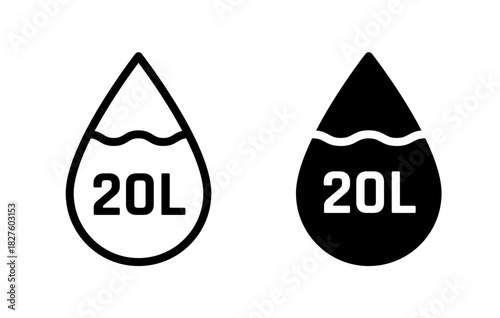 20 Liters icon. Liter fluid volume in liters symbol. Twenty Liters liquid drop