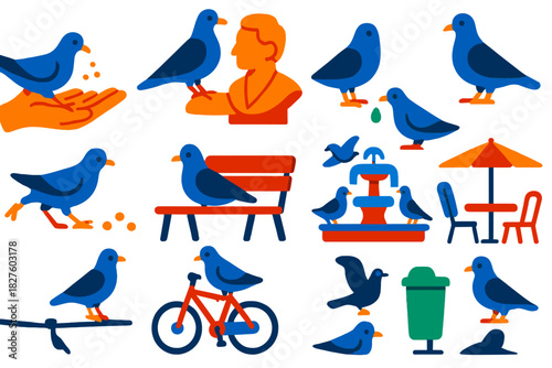 Urban Bird Icons. Flat vector icons of Urban Bird Interaction: feeding from hand, perching on statue, bird droppings, chasing