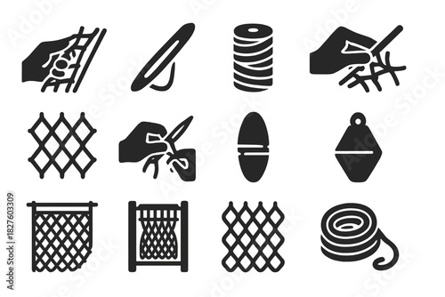 Net-Making Icons Collection. Solid style icons of net making: weaving net, shuttle tool, rolled twine, hand-knotting, mesh pattern
