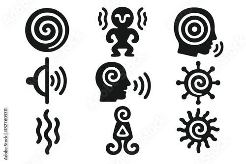 Ancient Sound Symbols. Solid style icons of ancient sound symbolism: spiral glyphs, sonic runes, resonance sigils. Sound-based