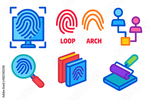 Dermatoglyphics Vector Icons. Isometric vector illustration set Dermatoglyphics: fingerprint scanning, loop and arch patterns,