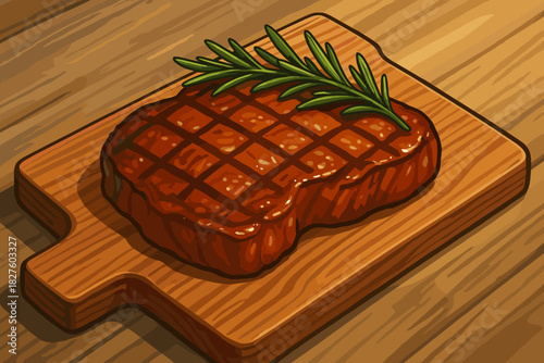 Grilled Steak Elegance. Freshly grilled steak garnished with rosemary vector illustration and served on a rustic wooden board,