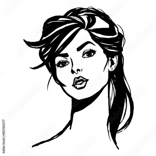 A minimalist yet bold black-ink depiction of a woman with a powerful jawline and swept-up dark hair, centered against a clean blank white background in a high-contrast aesthetic, her facial features d