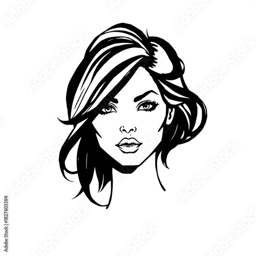 A minimalist yet bold black-ink depiction of a woman with a powerful jawline and swept-up dark hair, centered against a clean blank white background in a high-contrast aesthetic, her facial features d