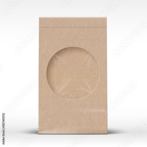 Craft Paper Pouch Package Template. Realistic Pack made of Brown Carton with Texture. Food Snacks Vector Packaging Bag with Circle Round Plastic Window. Mockup with Soft Shadows. Isolated
