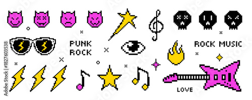 Pixel Music Icons Y2K Vector Elements Set. Punk Rock Concert Symbols Stickers Abstract Collection with Guitar, Scull, Flame, Notes, Glasses and Treble Clef. 8 Bit Geometric Game and App Shapes