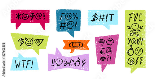 Crayon Speech Bubbles with Abstract Swear Words Vector Set. Chalk Scribble Talking Clouds Collection. Hand Drawn Rude Curse Angry Expressions. Pencil Emphasis Elements Charcoal Doodle Talk Balloons
