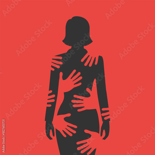 Silhouette of woman with the hands of harassment on it. Poster stop violence against women. Vector illustration
