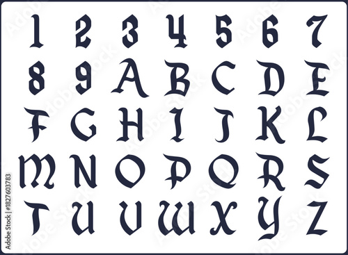 Vector illustration of gothic alphabet and number font set