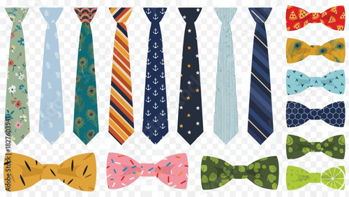 Diverse Neckwear Patterns: Stripes, Floral, Nautical, and Food Prints