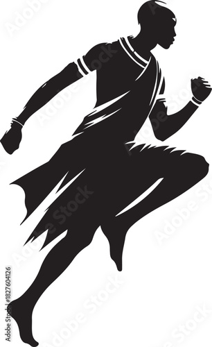 A black silhouette of a Maasai warrior in motion, showcasing traditional clothing and a dynamic pose.