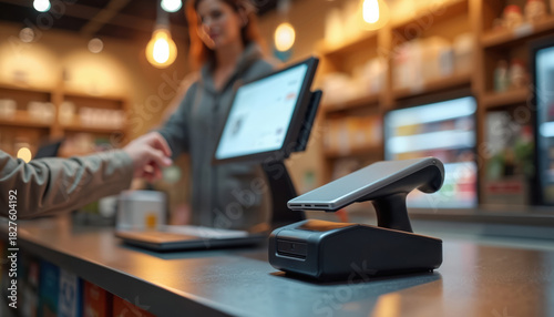 Customer uses modern payment terminal at store. Person pays via card at checkout. Contactless tech for secure money transaction. Woman at counter uses payment system. Future of finance, shopping