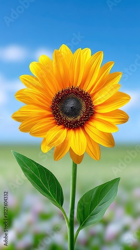 A vibrant sunflower in full bloom, with a bright yellow head and green stem and leaves, set against a blurred background of a field and a clear blue sky.