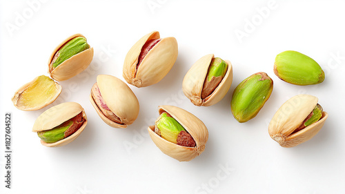 Several open-shelled pistachios display bright green nuts inside. The fresh pistachios are arranged on a clean white surface, highlighting their vibrant color and appealing look