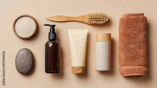 Flat lay features various winter skin care products including creams, oils, a towel, and a brush on a soft beige background, perfect for a self-care routine