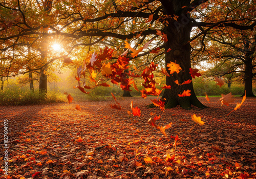 Stunning autumn leaves swirling in a vibrant dance of fall colors under a majestic oak tree
