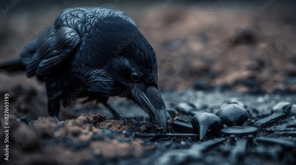 Obraz premium A detailed close-up of a raven foraging in a mysterious, dark environment showcasing its glossy feathers and intelligent demeanor while searching for food on the ground.