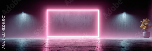 Abstract Neon Square Frame Lit With Pink Light In A Dark Room With Two Spotlights Creating A Mystical Environment