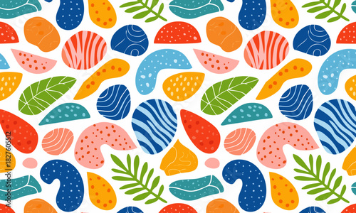 Seamless Botanical Doodle Pattern, Trendy Collage Shapes Background with Green Leaves and Geometric Stones