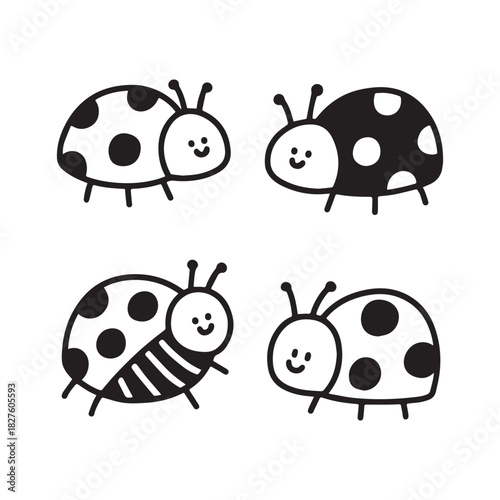 Black and white vector icons of cute spotted ladybug and ladybird beetles.